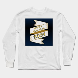 happy new year 2021 holiday retro vintage theme blue gold yellow banner pattern Long Sleeve T-Shirt